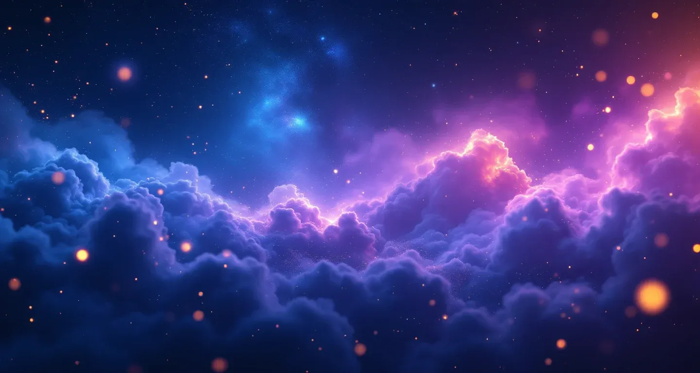 Escena onírica atmosférica con nebulosas moradas y magenta, y estrellas doradas, que representa el símbolo de soñar con una tía fallecida.
