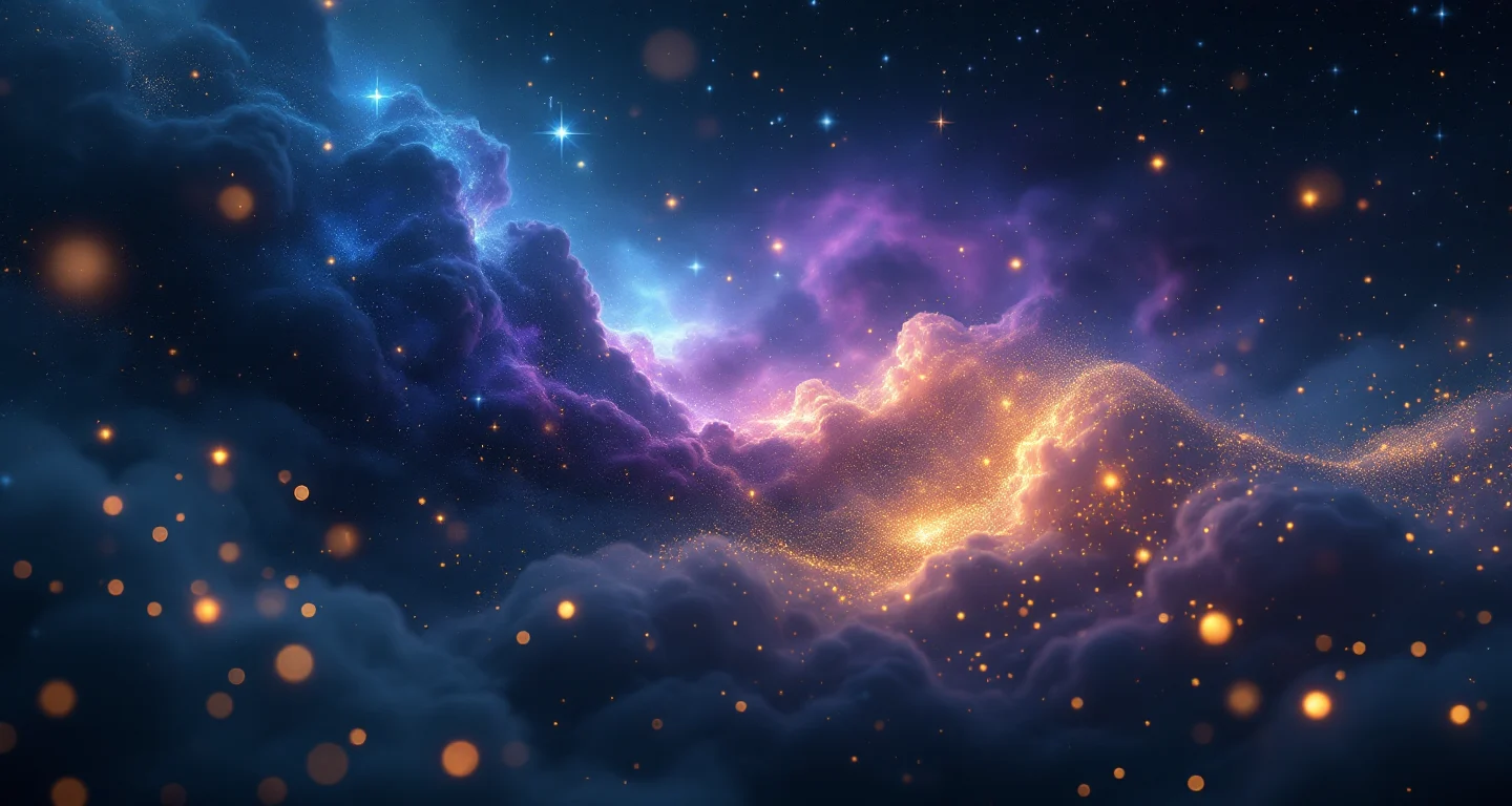 Rüyada Ölmüş Teyzeyi Canlı Görmek Diyanet sembolünü temsil eden, mor-magenta bulutsu ve altın yıldızlardan oluşan atmosferik rüya sahnesi.