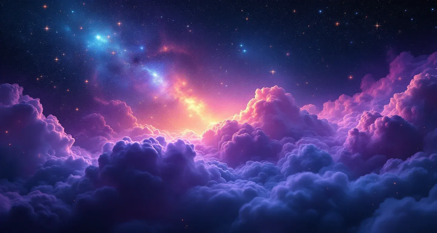 Escena onírica atmosférica con una nube violeta-magenta y estrellas doradas que representa el símbolo de soñar con un incendio forestal.