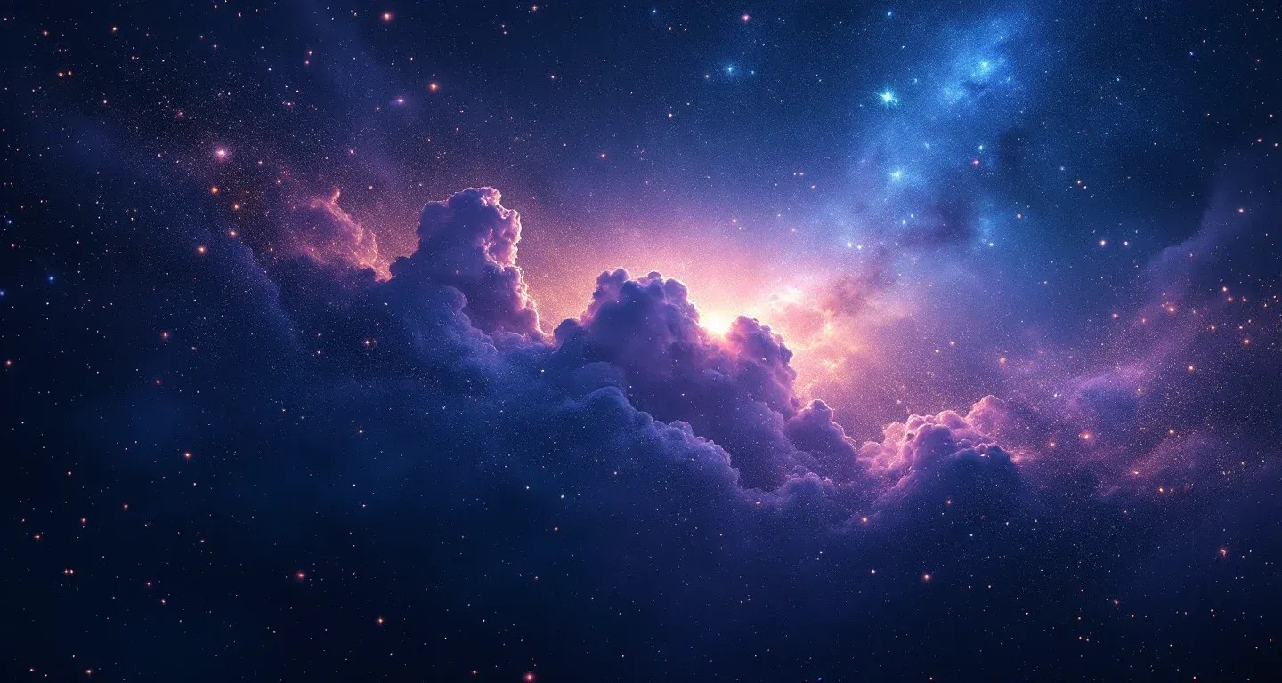 Escena onírica atmosférica con nebulosa morado-magenta y estrellas doradas, que representa el símbolo de soñar con una araña que se te acerca.
