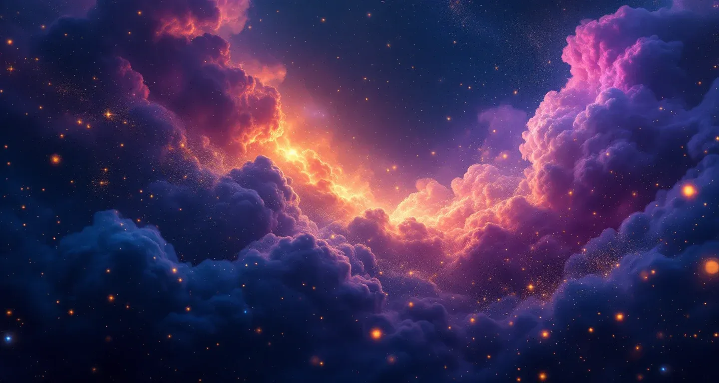 Atmosphärische Traumszene mit violett-magenta Nebel und goldenen Sternen, die das Symbol Eine Schabe im Traum sehen darstellt.