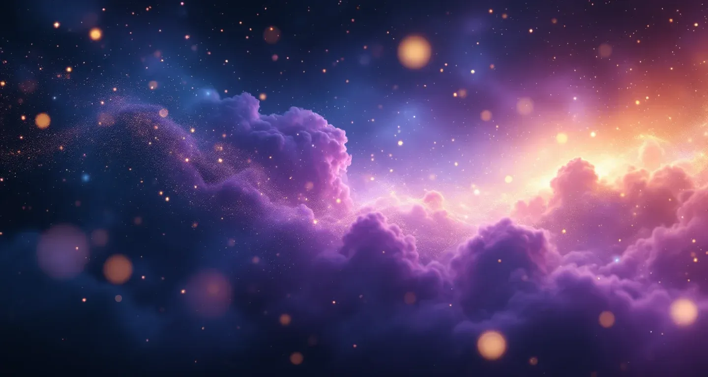 Escena onírica atmosférica con nebulosa morada-magenta y estrellas doradas que representa el símbolo de soñar con subir a un autobús.