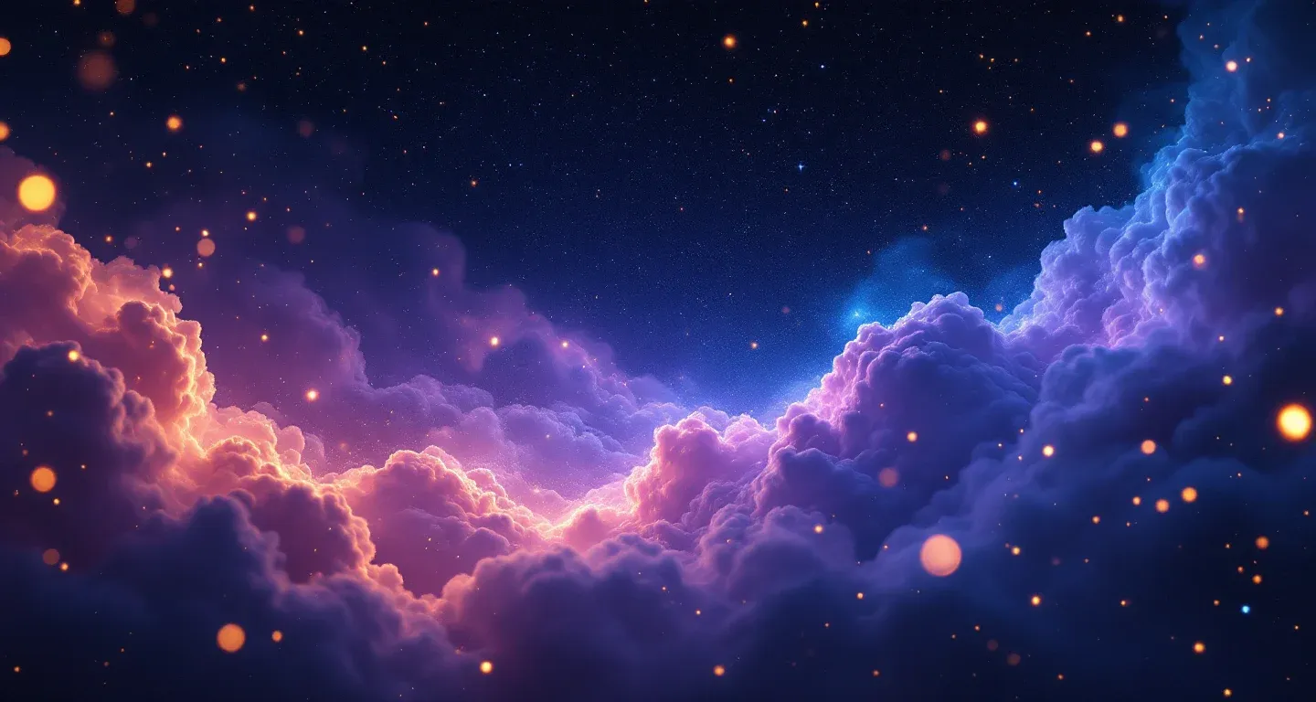 Escena onírica atmosférica con nebulosas morado-magenta y estrellas doradas, que representa el símbolo Ver Leche Embalada en Sueño.