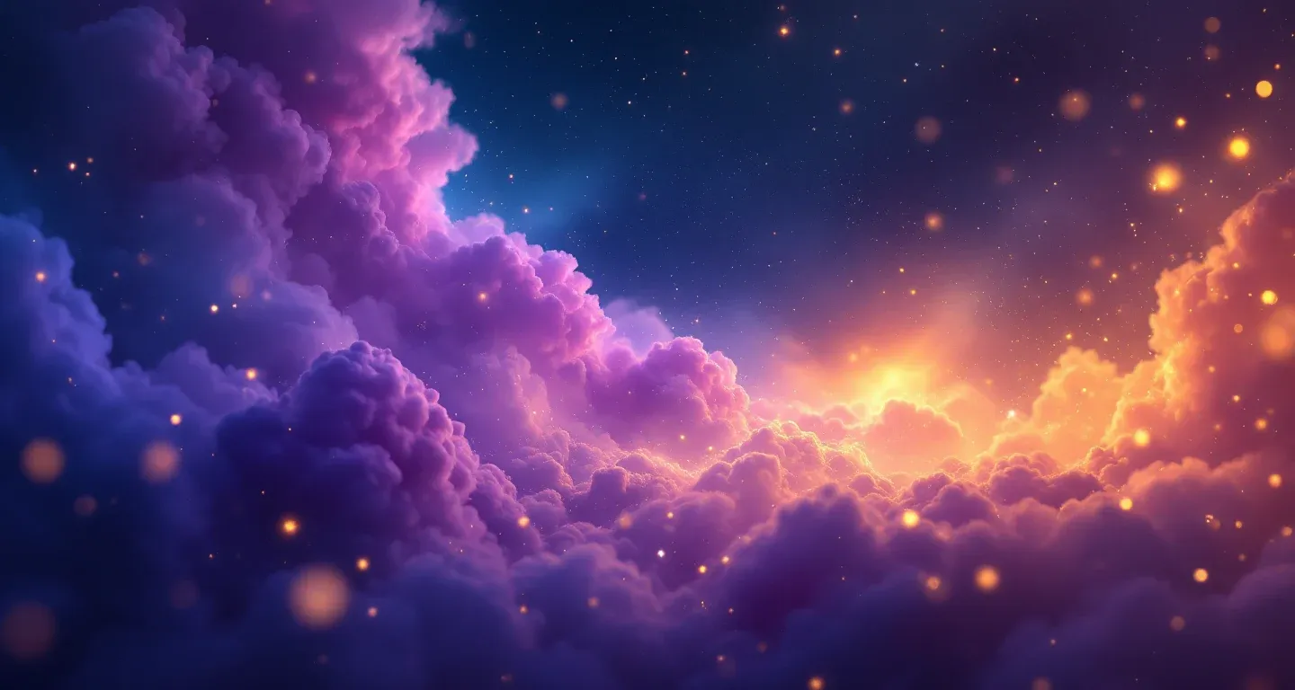 Escena onírica atmosférica con nebulosas moradas y magenta, estrellas doradas y un ambiente celestial que representa el símbolo de comer pastel en sueños.