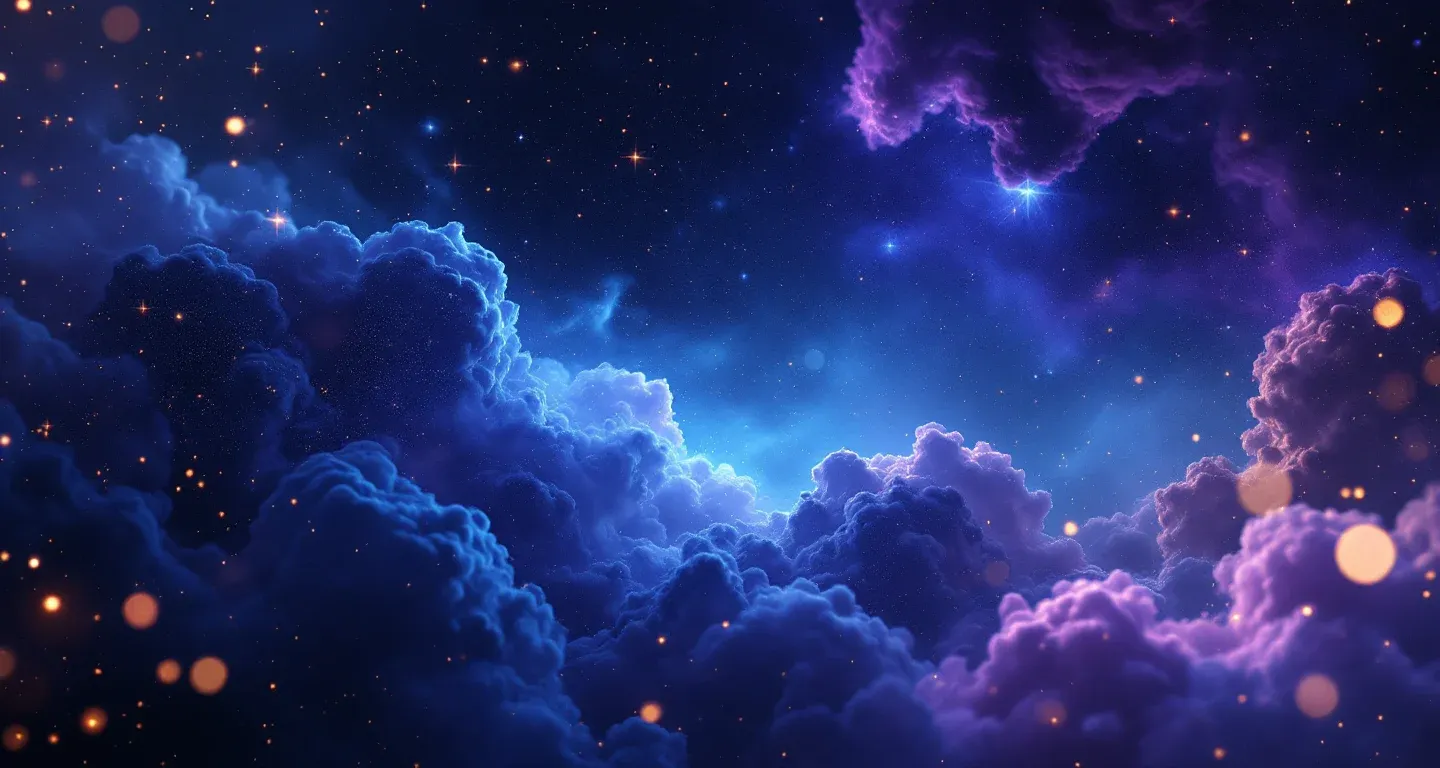 Escena onírica atmosférica con una nebulosa morada-magenta y estrellas doradas, que representa el símbolo de llevar un vestido rosa en un sueño.