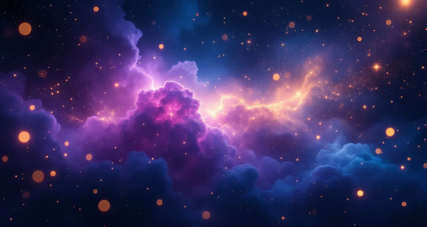 Escena onírica atmosférica con nebulosas moradas y magenta, y estrellas doradas, que representa el símbolo de ver queso en un sueño.