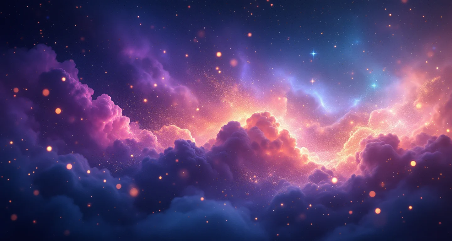 Rüyada Pirinç Görmek sembolünü temsil eden, mor-magenta bulutsu ve altın yıldızlardan oluşan atmosferik rüya sahnesi.