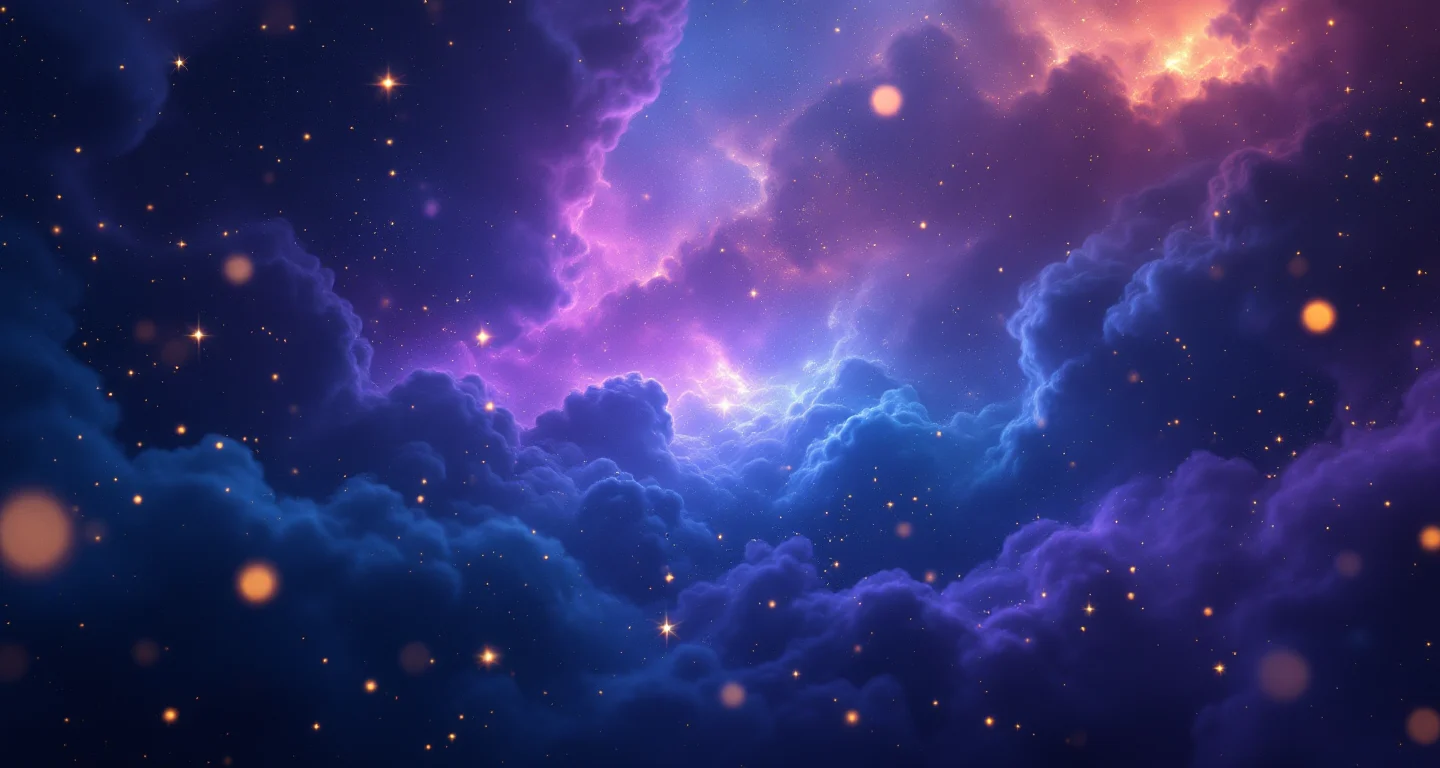 Rüyada Pişmiş Balık Görmek Ama Yememek sembolünü temsil eden, mor-magenta bulutsu ve altın yıldızlardan oluşan atmosferik rüya sahnesi.