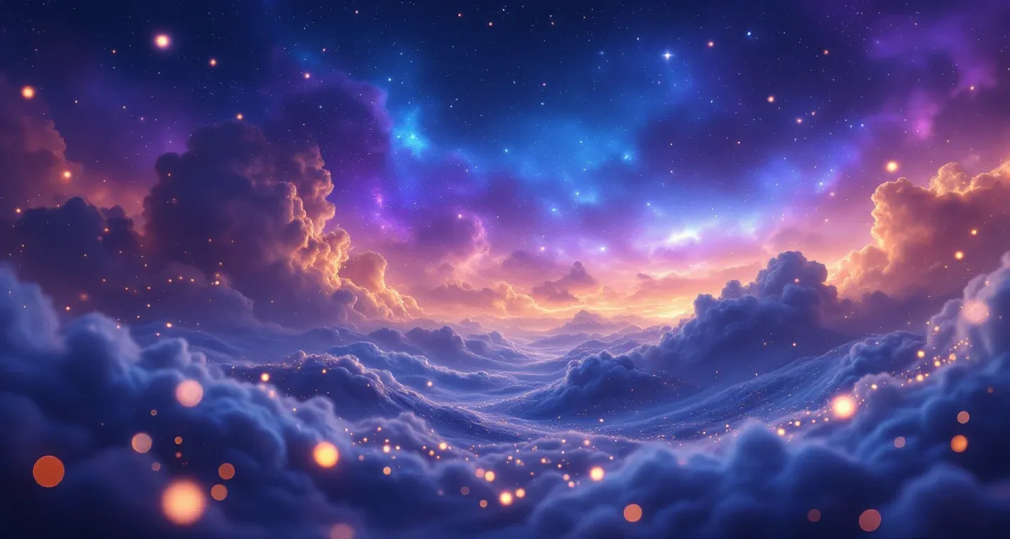 Escena onírica atmosférica con una nebulosa morada y magenta y estrellas doradas, que representa el símbolo de huir de la policía.