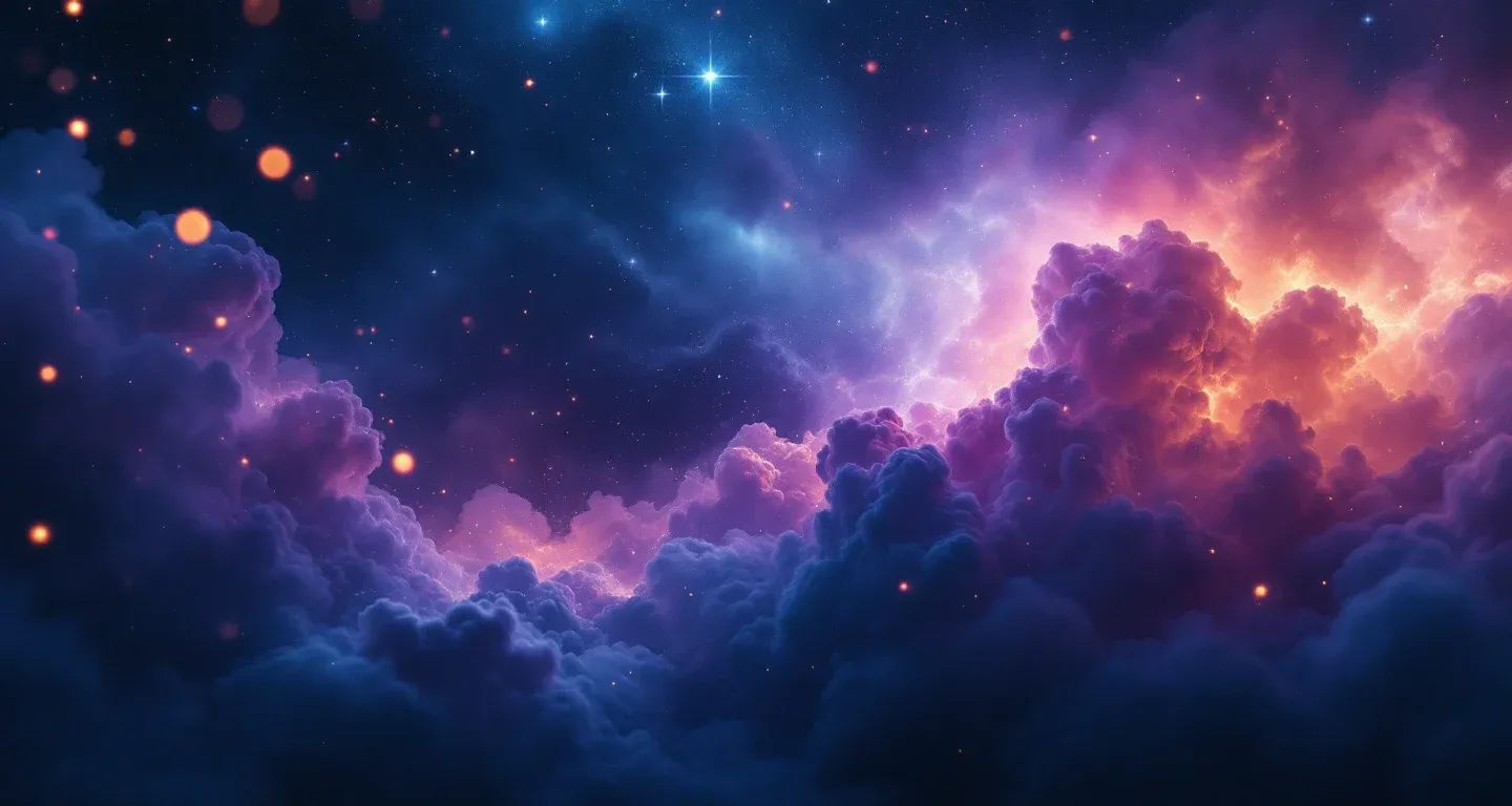 Escena onírica atmosférica con nebulosas moradas y magenta, y estrellas doradas, que representa el símbolo de ver la letra R en un sueño.