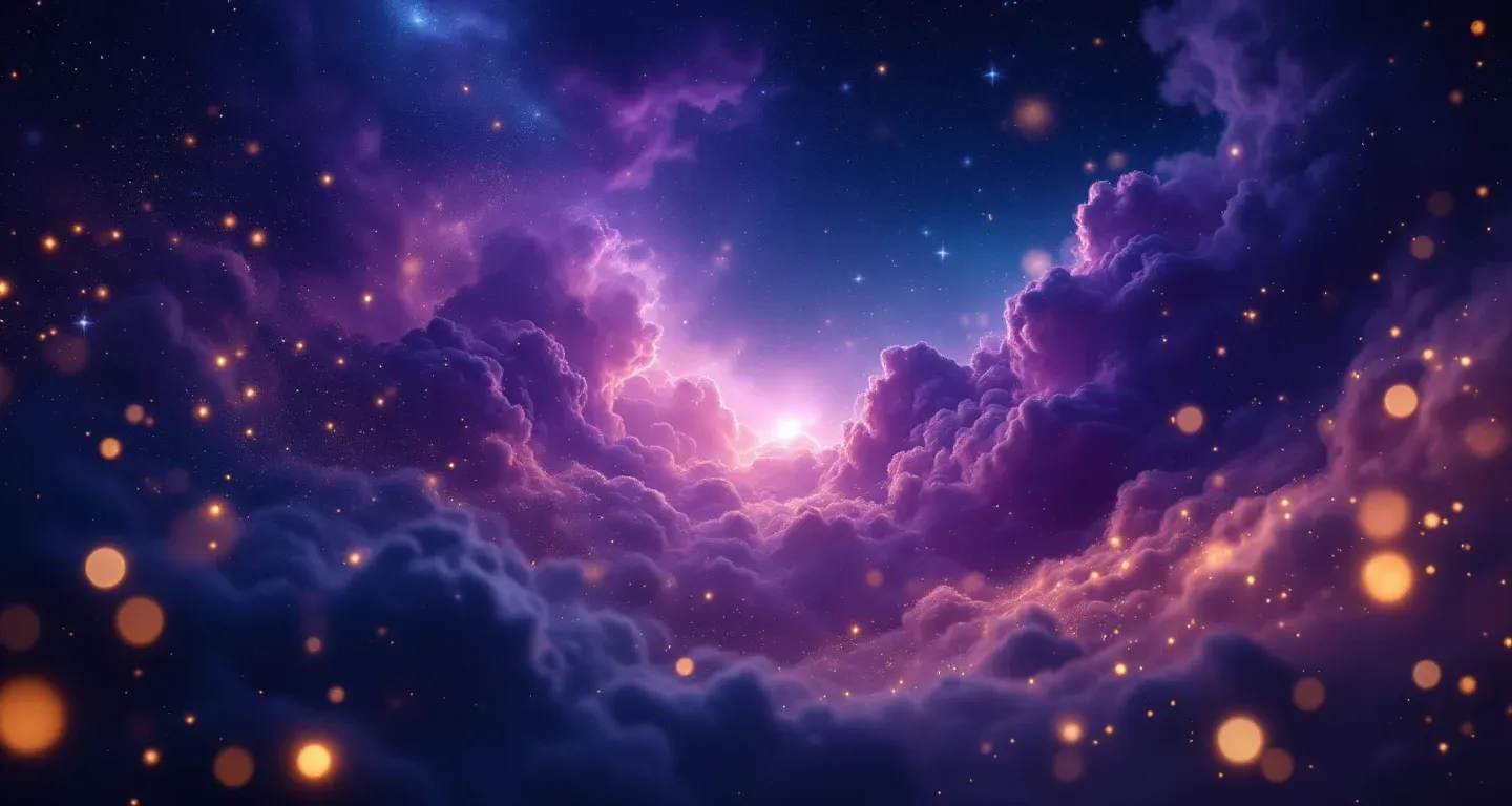 Escena onírica atmosférica con nebulosas morado-magenta y estrellas doradas, que representa el símbolo de ver una interpretación de sueño en sueños.