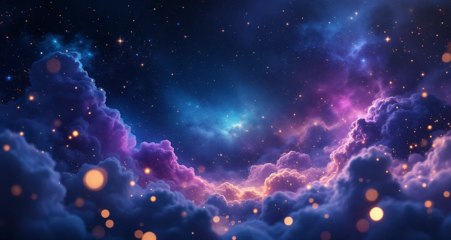 Rüyada Rüya Yorumları Görmek sembolünü temsil eden, mor-magenta bulutsu ve altın yıldızlardan oluşan atmosferik rüya sahnesi.
