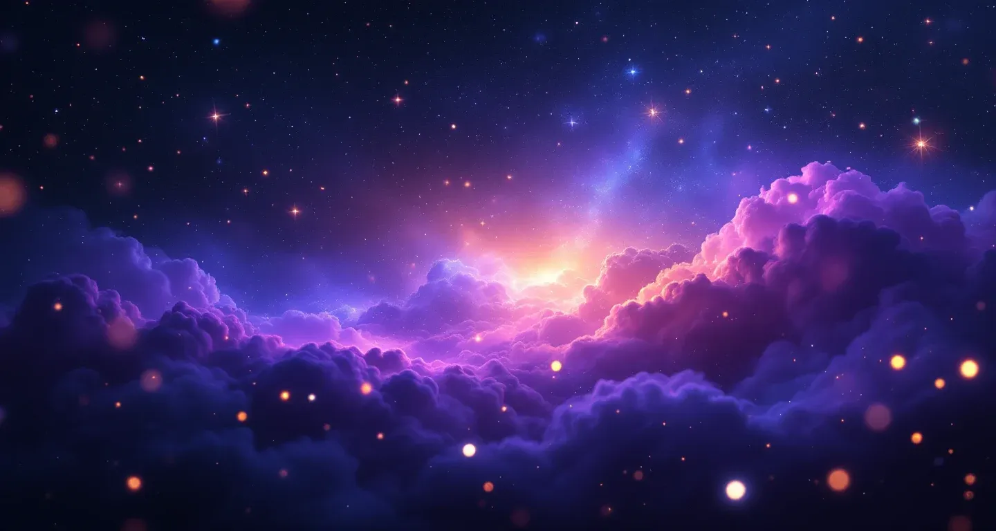 Escena onírica atmosférica con nebulosas morado-magenta y estrellas doradas que representa el símbolo de soñar que el cabello se rompe y queda en tu mano según Diyanet.