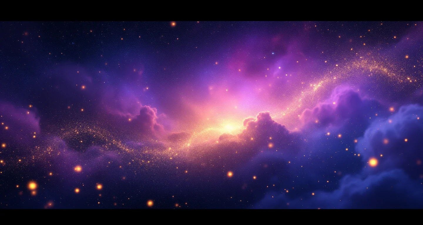 Rüyada Saçını Kesmek Görmek sembolünü temsil eden, mor-magenta bulutsu ve altın yıldızlardan oluşan atmosferik rüya sahnesi.