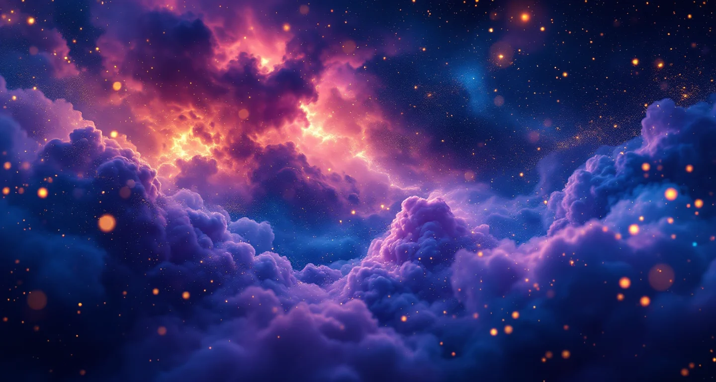 Rüyada Saçlarını Kesmek Görmek sembolünü temsil eden, mor-magenta bulutsu ve altın yıldızlardan oluşan atmosferik rüya sahnesi.