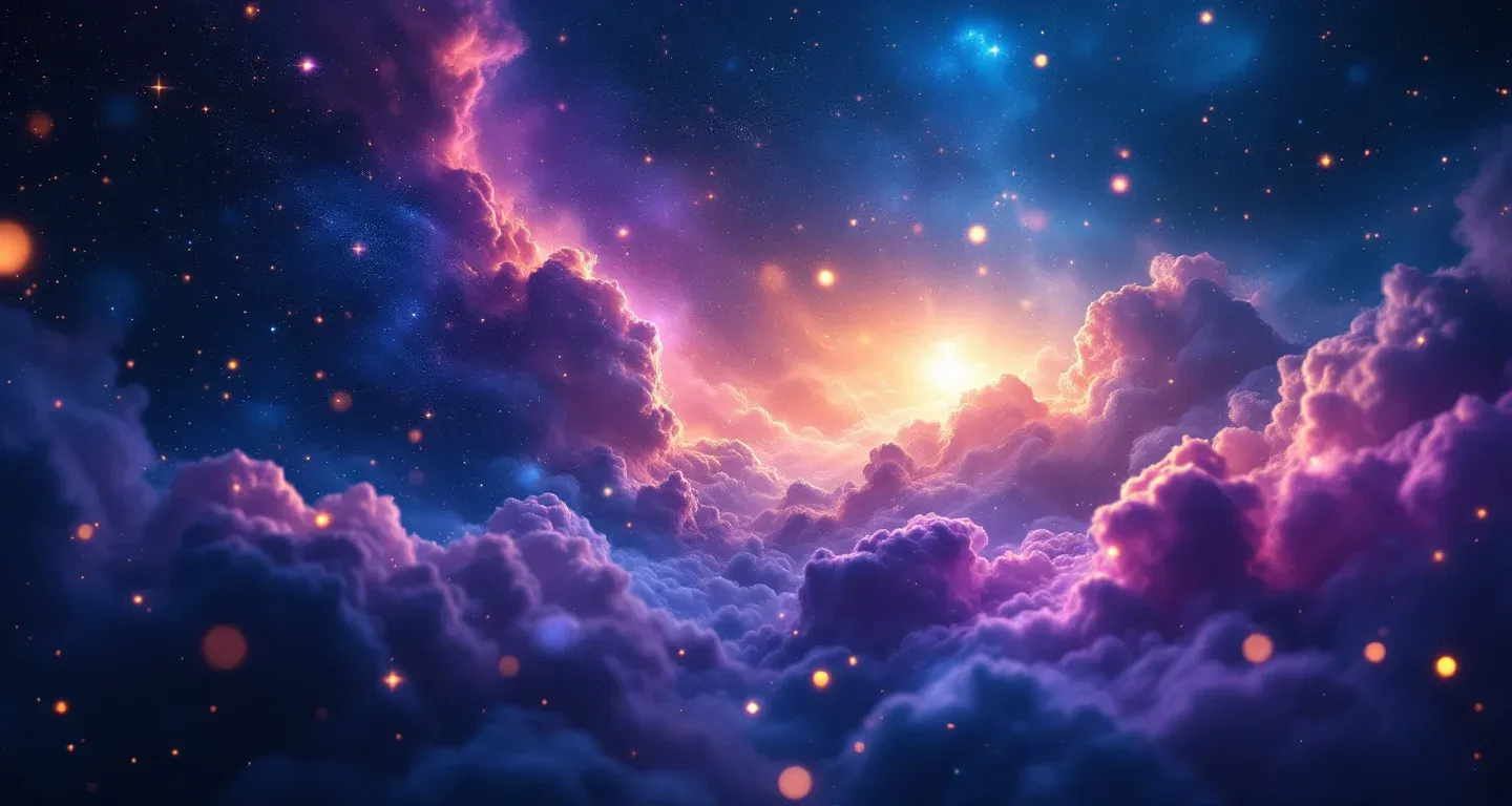 Escena onírica atmosférica, formada por una nebulosa morado-magenta y estrellas doradas, que representa el símbolo de ver pepino en un sueño.