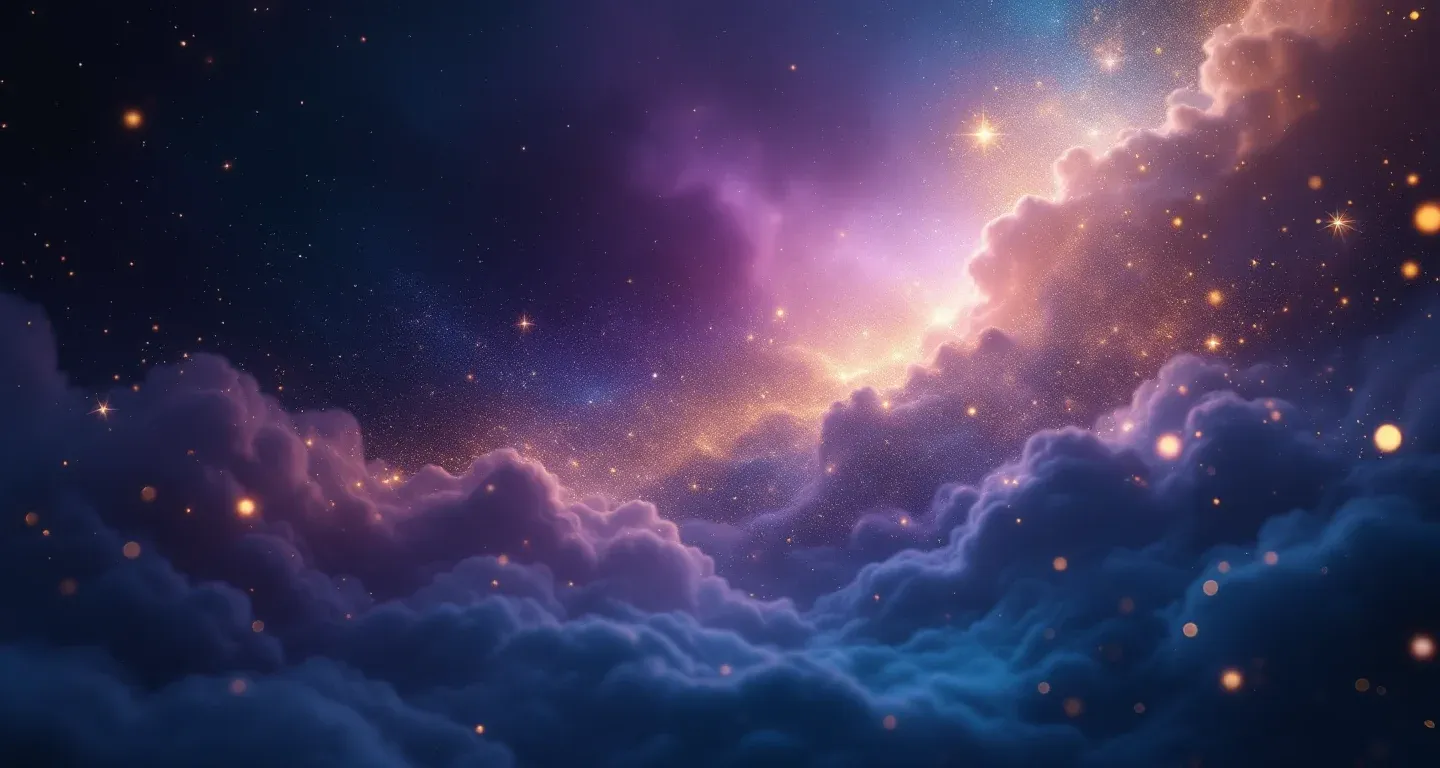 Escena onírica atmosférica con nebulosa morado-magenta y estrellas doradas que representa el símbolo de ver pasta de tomate en un sueño.