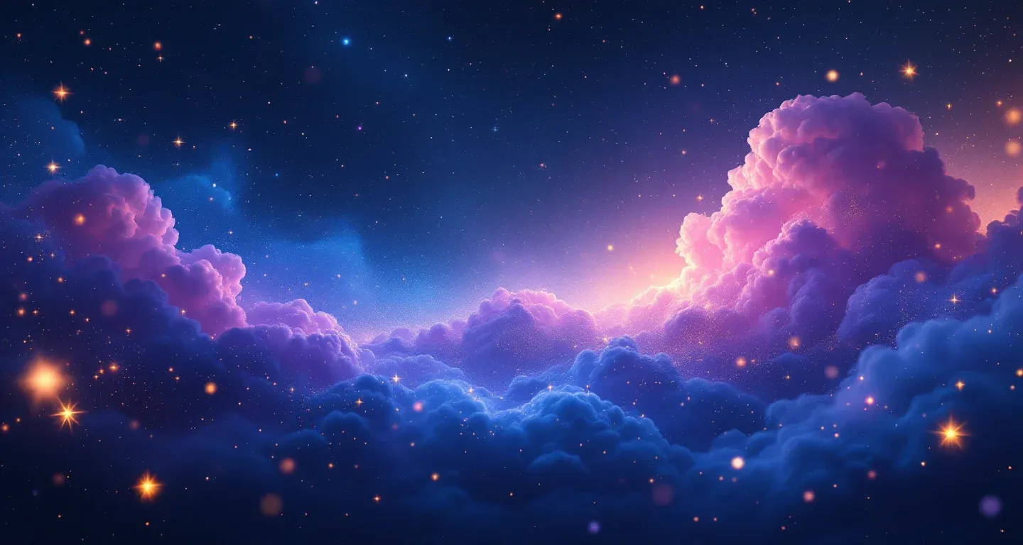 Atmosphärische Traumszene mit violett-magenta Nebel und goldenen Sternen, die das Symbol „Jemanden im Traum in einem Boot sehen“ darstellt.