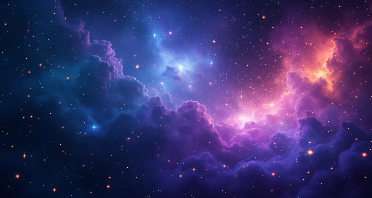 Atmosphärische Traumlandschaft mit violett-magenta Nebeln und goldenen Sternen, die das Symbol Im Traum einen Krieg sehen darstellt.