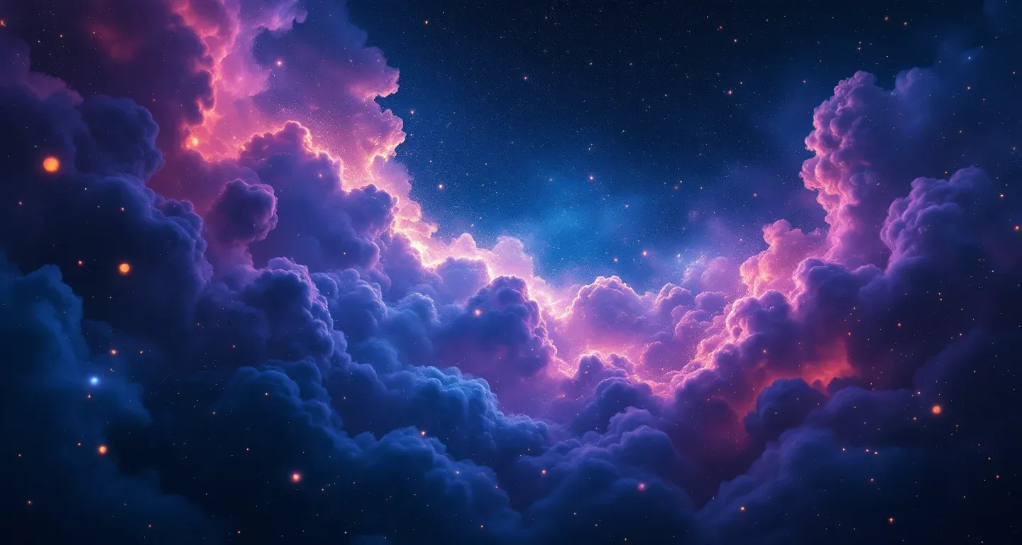 Escena onírica atmosférica con nebulosa morada-magenta y estrellas doradas que representa el símbolo de ver una guerra en sueños.