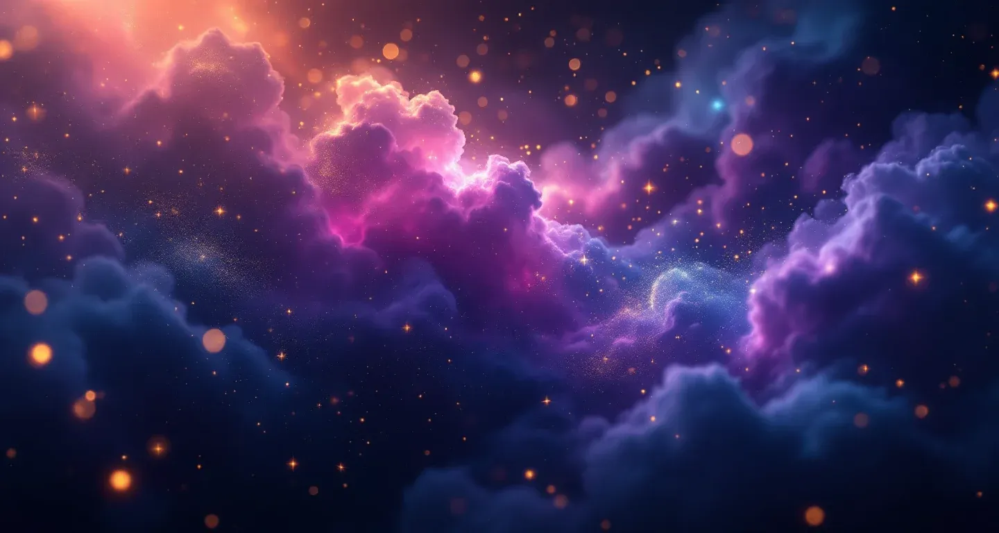 Escena onírica atmosférica con nebulosas morado-magenta y estrellas doradas que representa el símbolo de verse en una guerra en sueños.