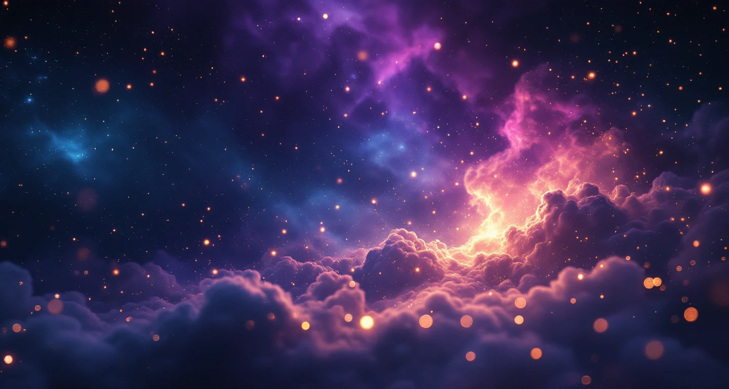 Rüyada Sel Görmek sembolünü temsil eden, mor-magenta bulutsu ve altın yıldızlardan oluşan atmosferik rüya sahnesi.