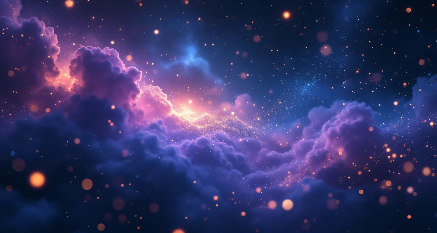 Rüyada Selden Kaçtığını Görmek sembolünü temsil eden, mor-magenta bulutsu ve altın yıldızlardan oluşan atmosferik rüya sahnesi.