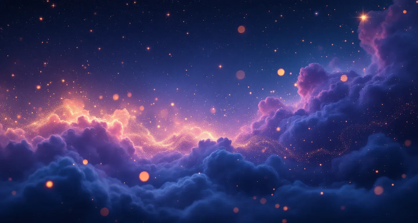 Escena onírica atmosférica con nebulosas morado-magenta y estrellas doradas que representa el símbolo de Soñar con un Paraguas.