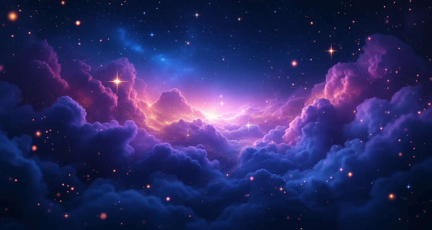 Rüyada Sevdiği Kızı Görmek sembolünü temsil eden, mor-magenta bulutsu ve altın yıldızlardan oluşan atmosferik rüya sahnesi.