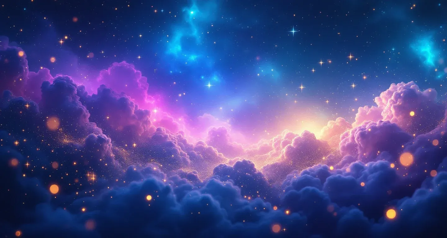 Escena onírica atmosférica con una nebulosa morado-magenta y estrellas doradas, que representa el símbolo de ver a la chica que te gusta en un sueño.