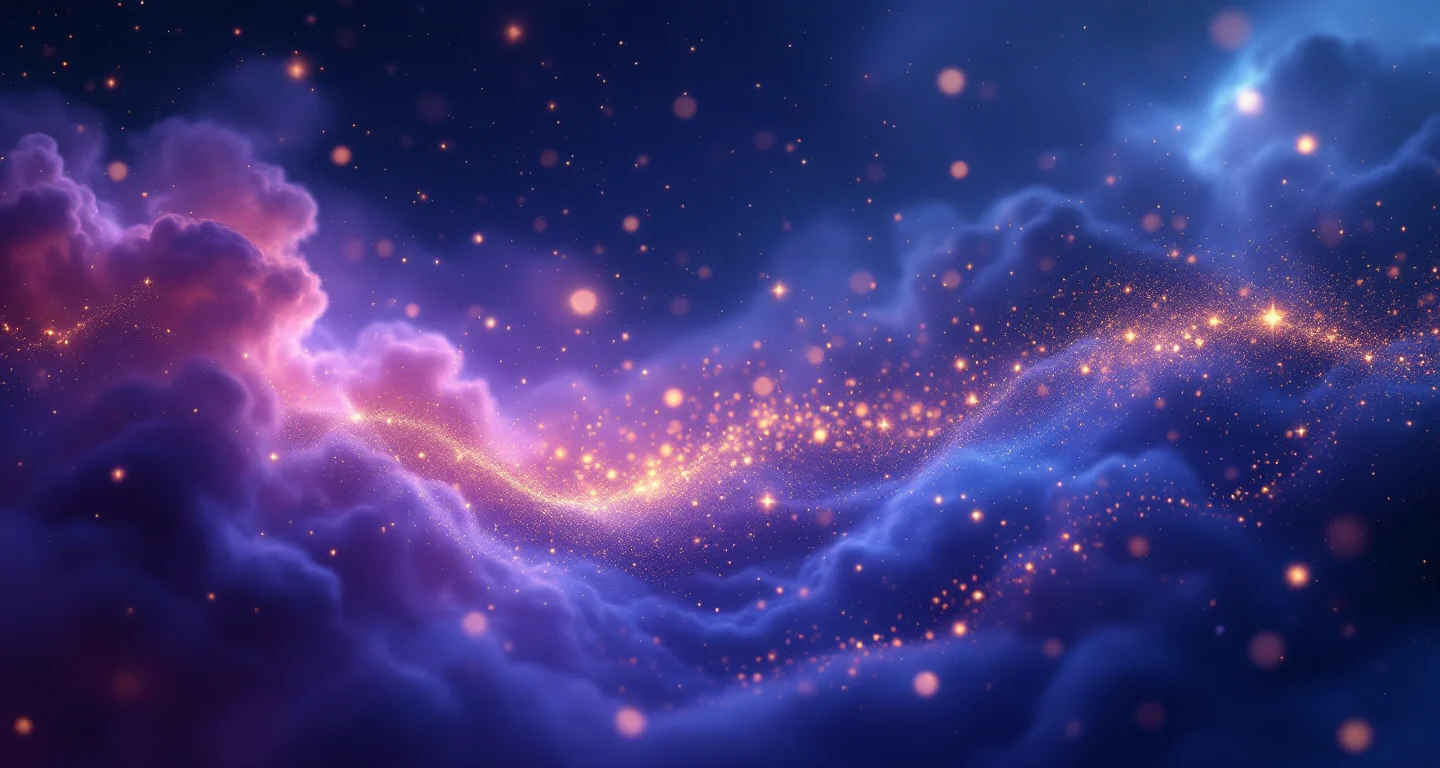 Rüyada Sevdiğini Görmek sembolünü temsil eden, mor-magenta bulutsu ve altın yıldızlardan oluşan atmosferik rüya sahnesi.