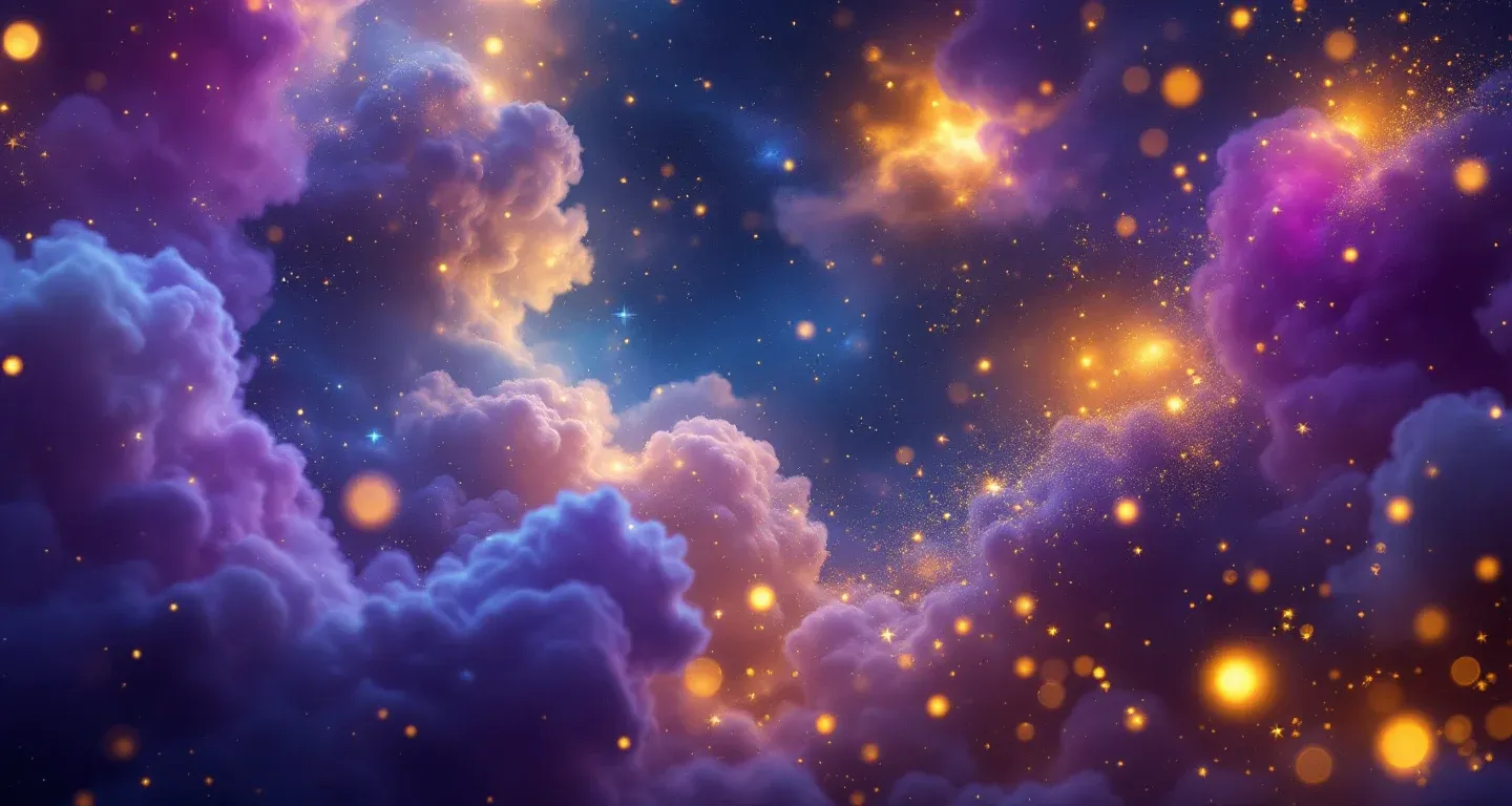 Escena onírica atmosférica formada por una nebulosa morada-magenta y estrellas doradas que representa el símbolo de hablar con la esposa de tu amante en un sueño.