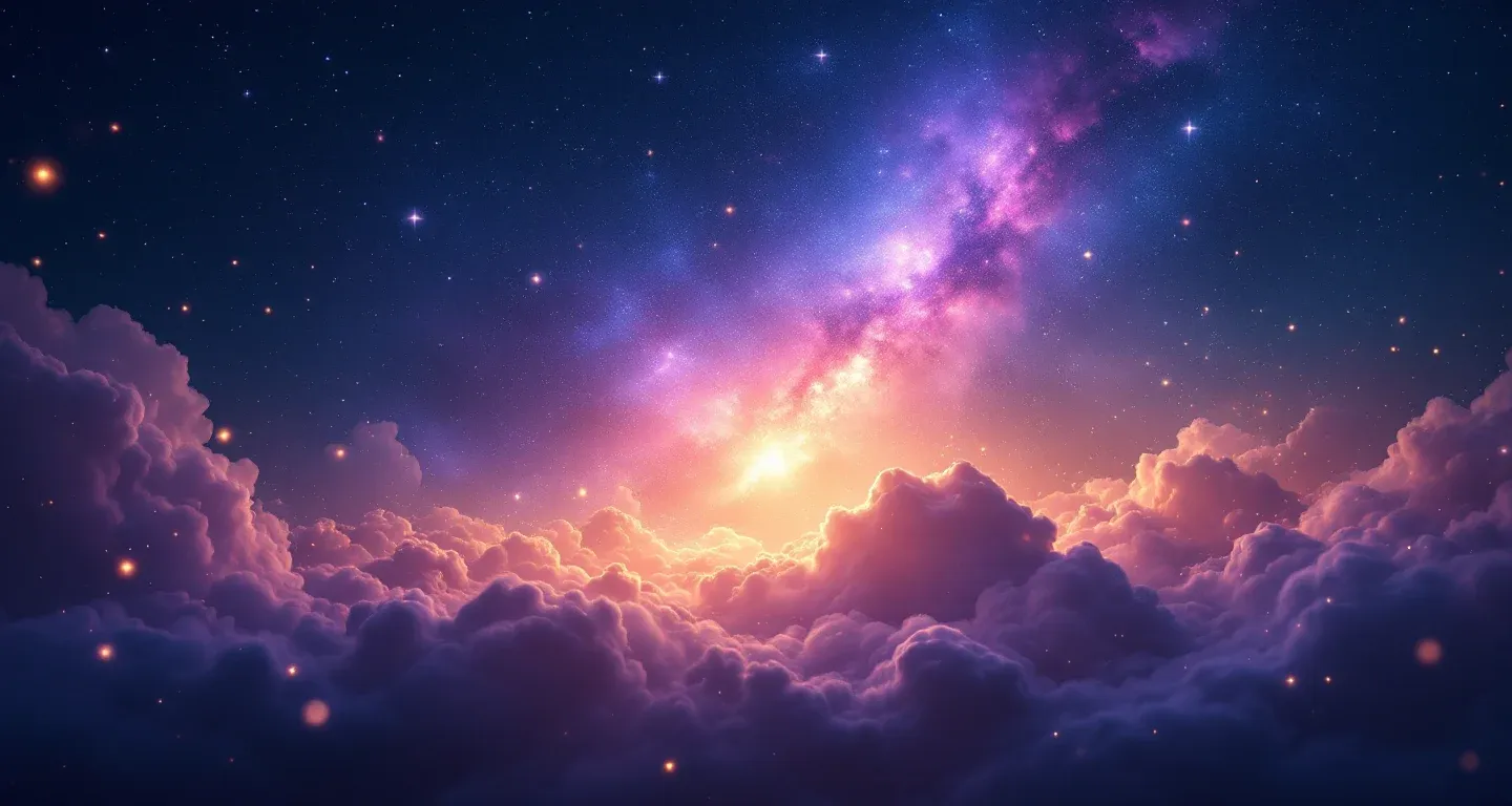 Escena onírica atmosférica con nebulosas morado-magenta y estrellas doradas que representa el símbolo de soñar con entrar en un examen.