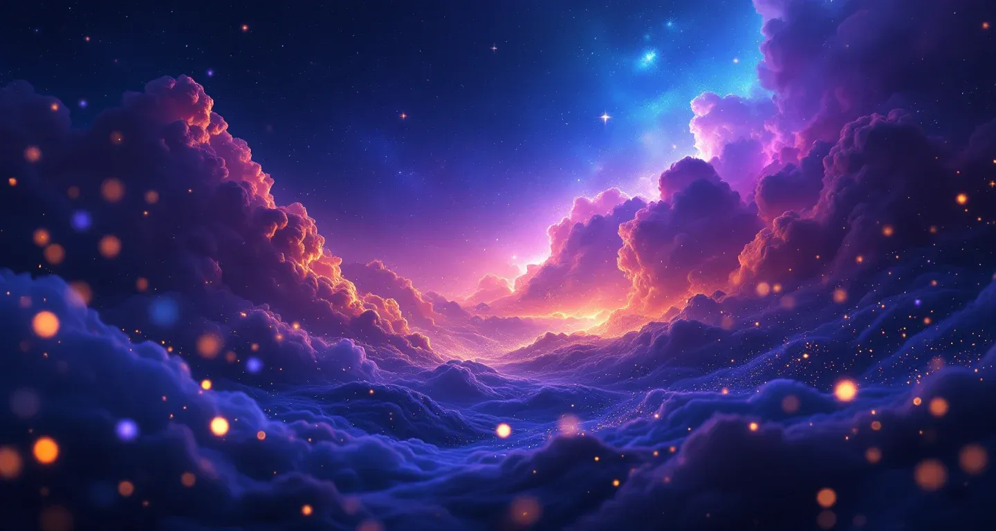 Escena onírica atmosférica con nebulosas morado-magenta y estrellas doradas que representa el símbolo de no presentarse a un examen en sueños.