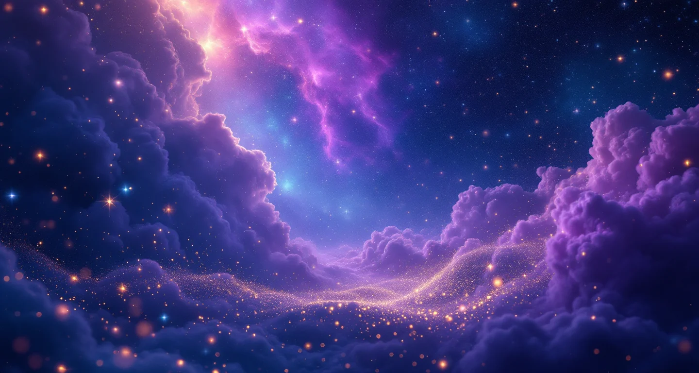 Rüyada Siyah Yılan Görmek sembolünü temsil eden, mor-magenta bulutsu ve altın yıldızlardan oluşan atmosferik rüya sahnesi.