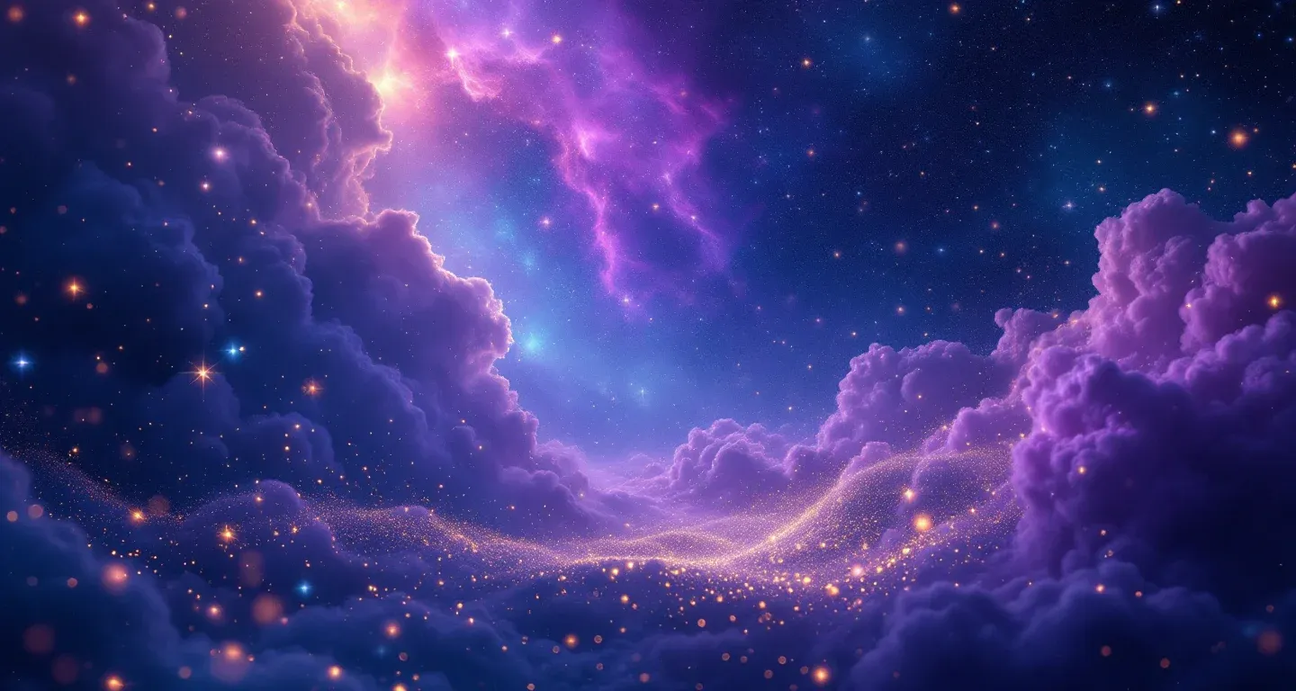 Cena onírica atmosférica com nebulosas em tons de roxo-magenta e estrelas douradas, representando o símbolo de Sonhar com uma Cobra Preta.