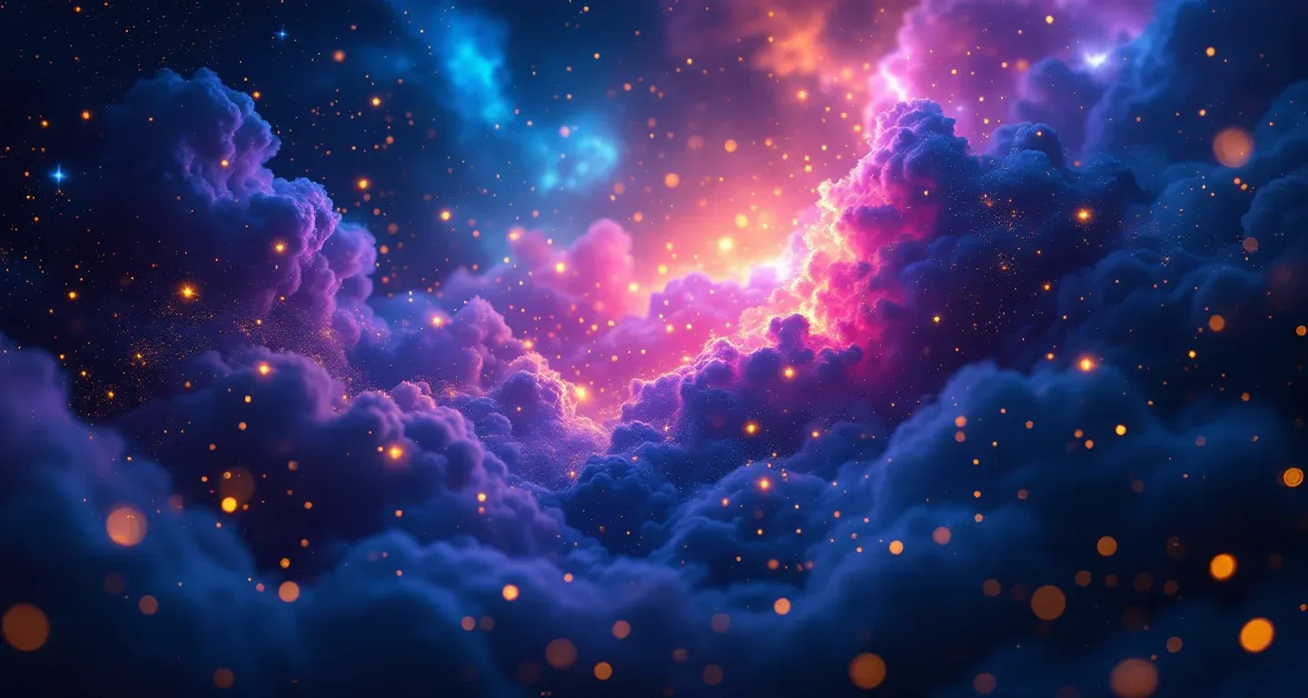 Escena onírica atmosférica con nebulosas moradas y magenta, y estrellas doradas, que representa el símbolo de ver aceitunas negras en un sueño.
