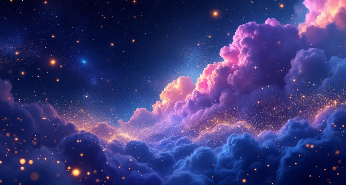 Escena onírica atmosférica, formada por una nebulosa morada y magenta y estrellas doradas, que representa el símbolo de soñar con una tubería de agua reventada.