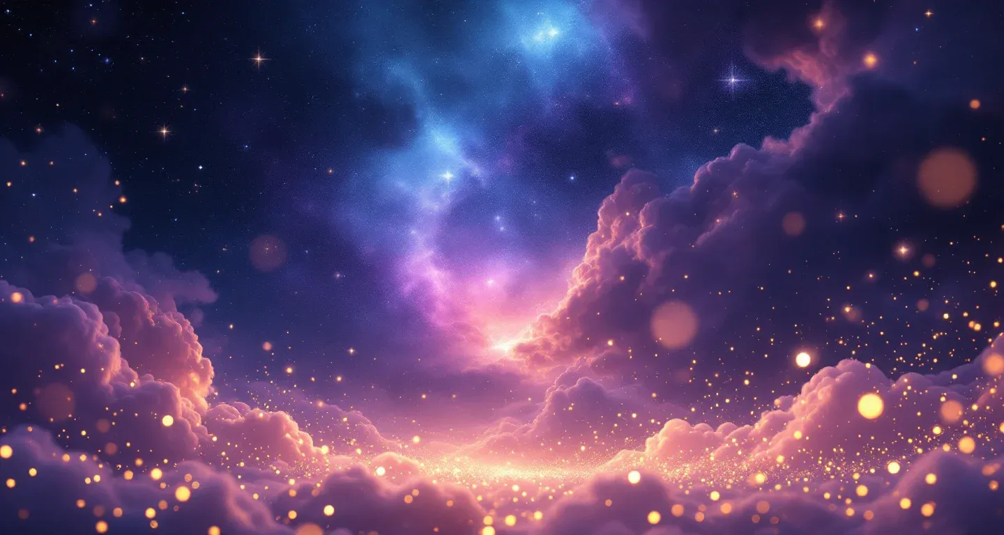 Escena onírica atmosférica con nebulosa morado-magenta y estrellas doradas que representa el símbolo de ver en sueños que no te baja la leche.