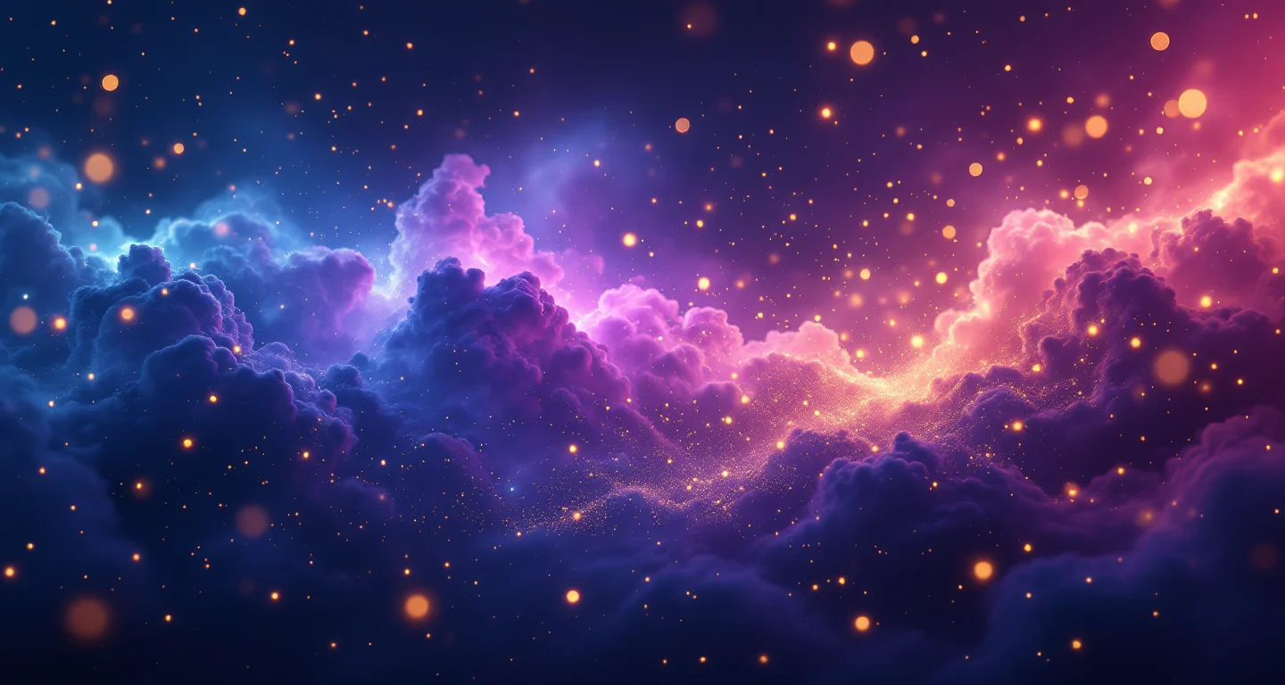 Rüyada Suyun İçinde Balık Görmek Diyanet sembolünü temsil eden, mor-magenta bulutsu ve altın yıldızlardan oluşan atmosferik rüya sahnesi.