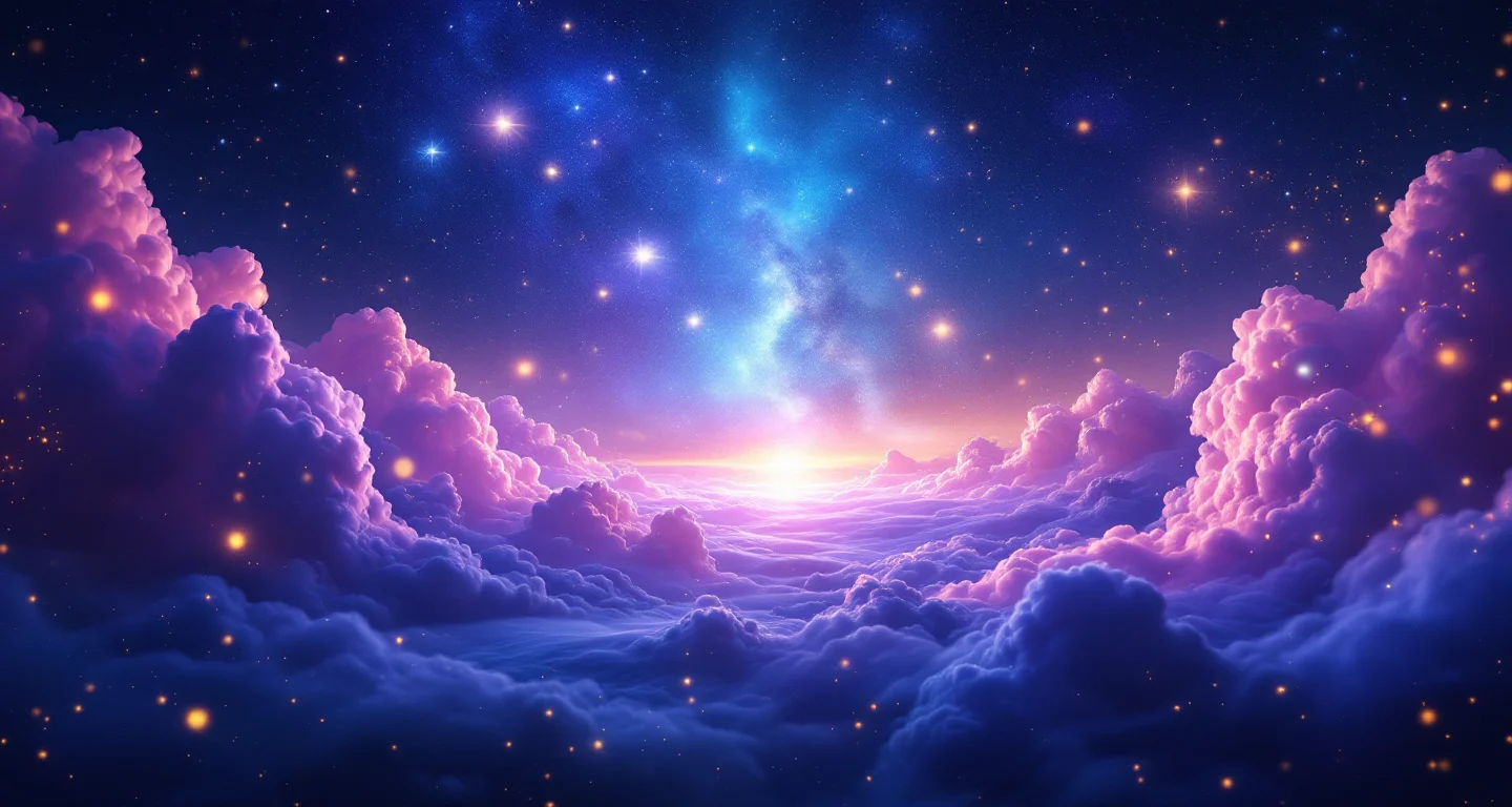 Rüyada Tabut Görmek sembolünü temsil eden, mor-magenta bulutsu ve altın yıldızlardan oluşan atmosferik rüya sahnesi.
