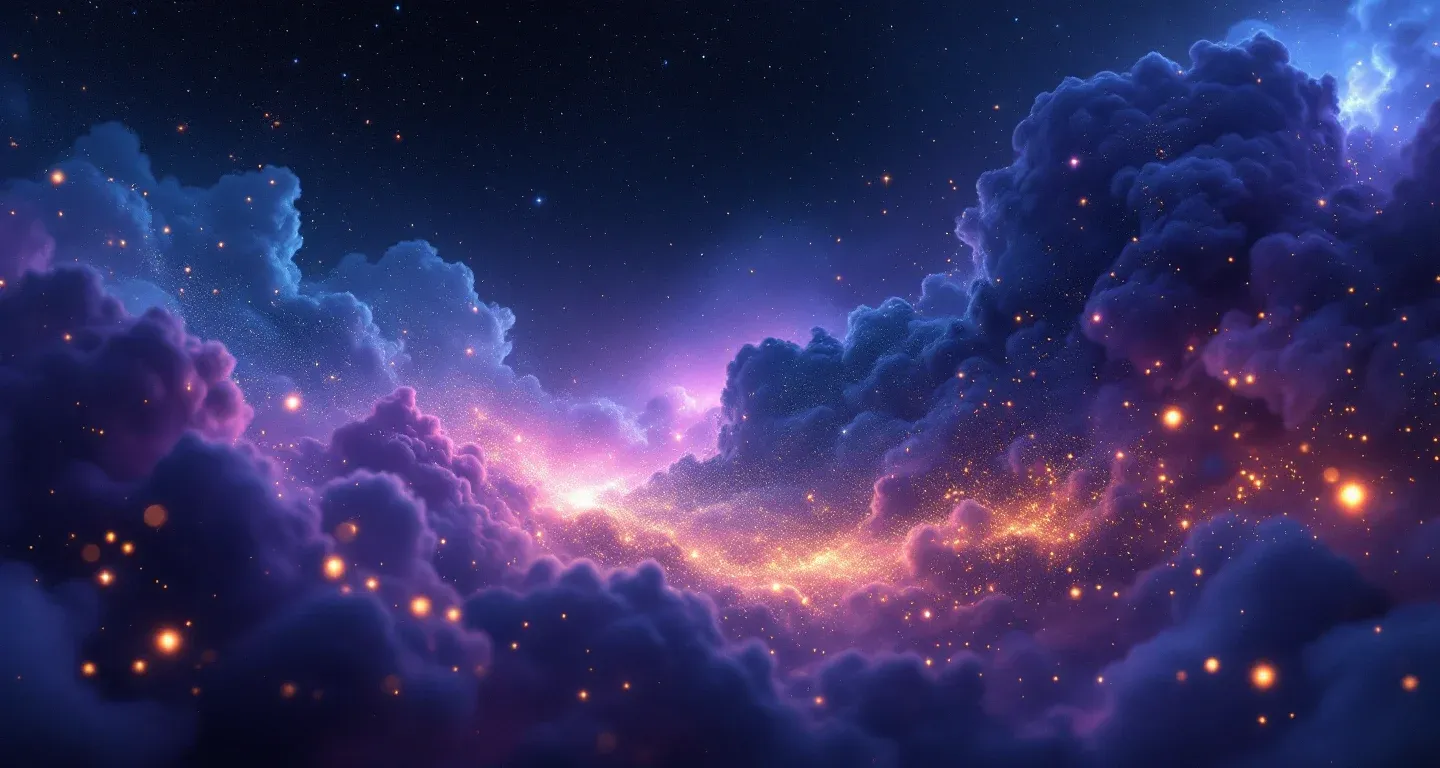 Escena onírica atmosférica con nebulosas morado-magenta y estrellas doradas que representa el símbolo de ver que una persona conocida tiene un bebé en sueños.