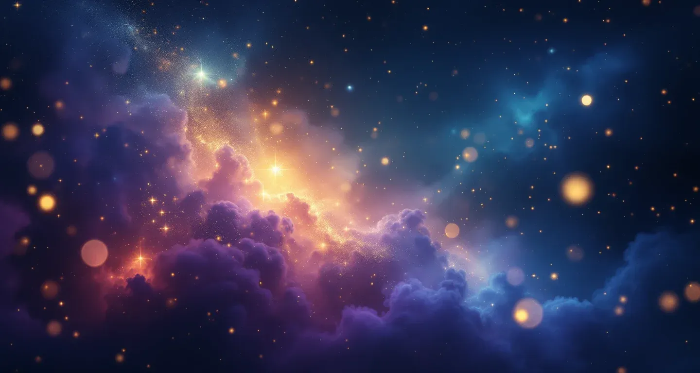 Escena onírica atmosférica con nebulosa morado-magenta y estrellas doradas, que representa el símbolo de ver que el cabello de un conocido se vuelve blanco en sueños.