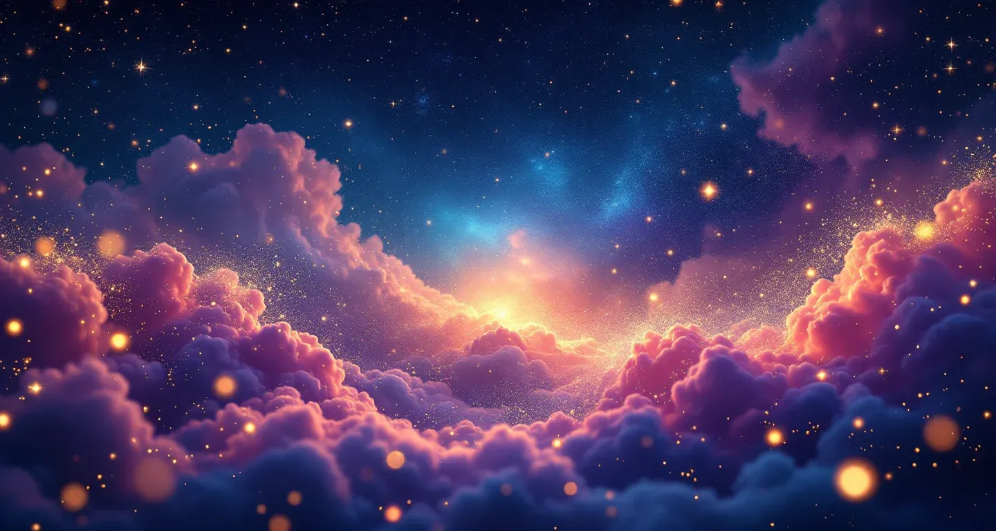Escena onírica atmosférica con nebulosa morada-magenta y estrellas doradas que representa el símbolo de ver a una persona conocida embarazada en sueños.