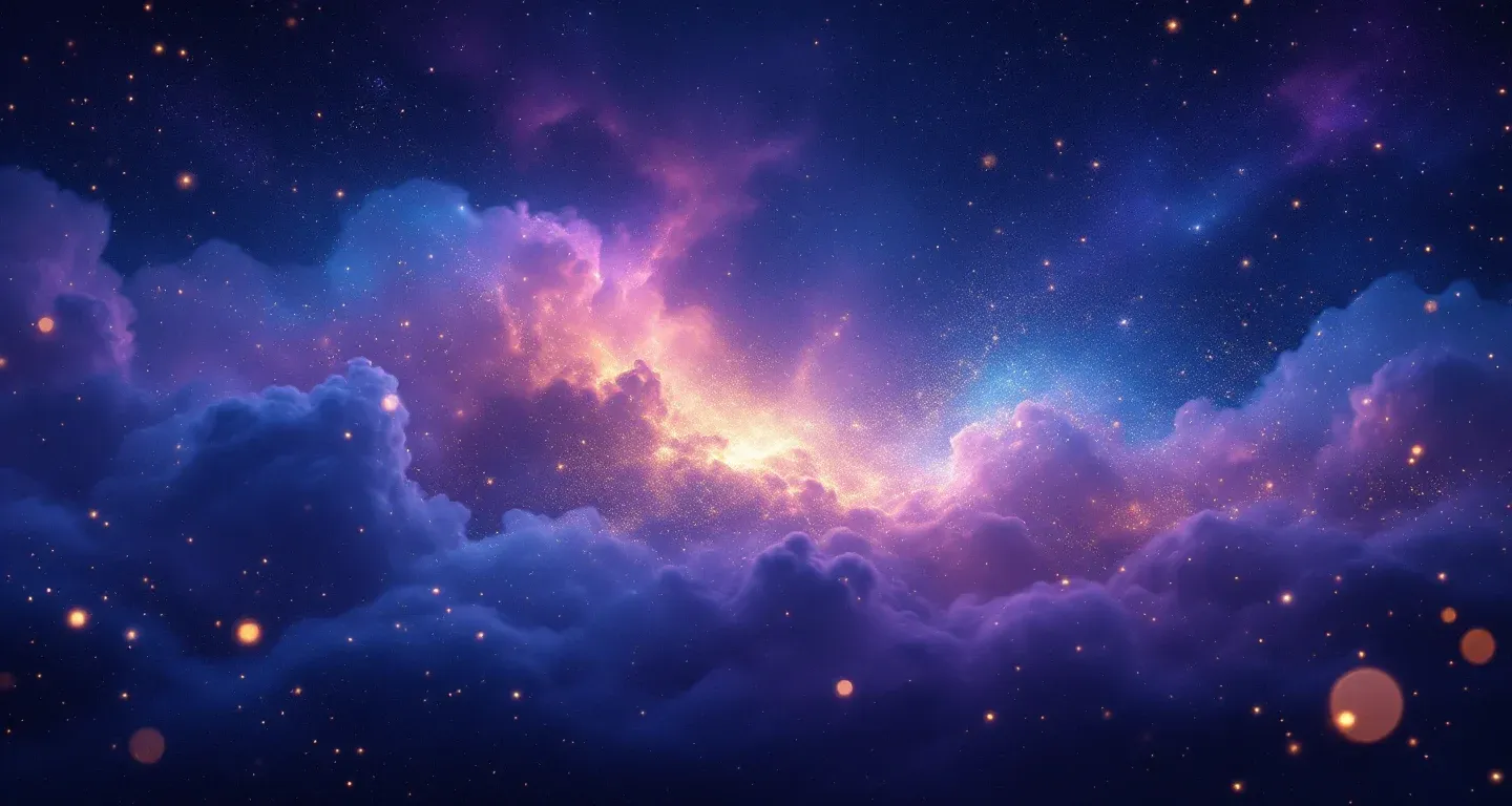 Escena onírica atmosférica con una nebulosa morado-magenta y estrellas doradas, que representa el símbolo de pelear con alguien conocido en sueños.
