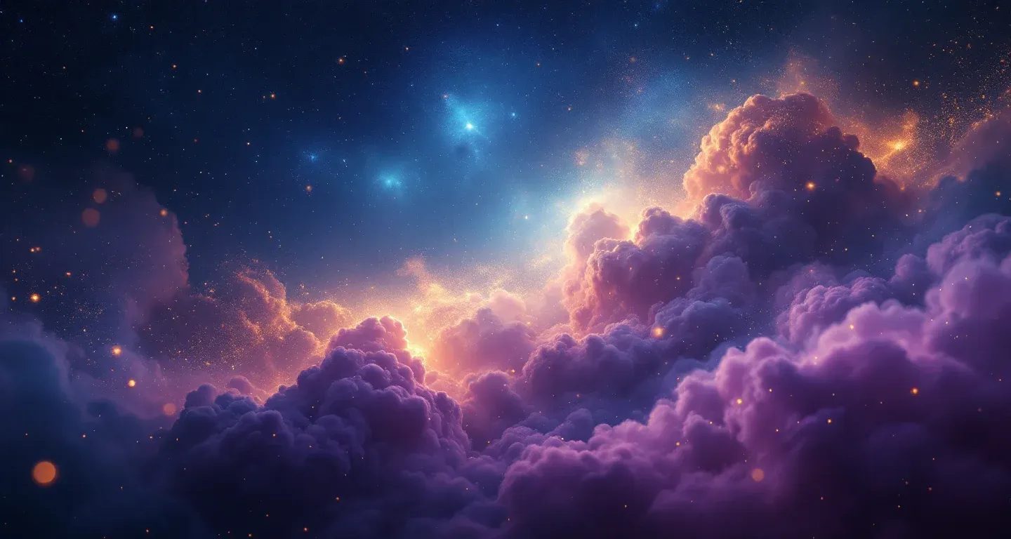Escena onírica atmosférica con nebulosa morada-magenta y estrellas doradas que representa el símbolo de que un hombre desconocido te besa.
