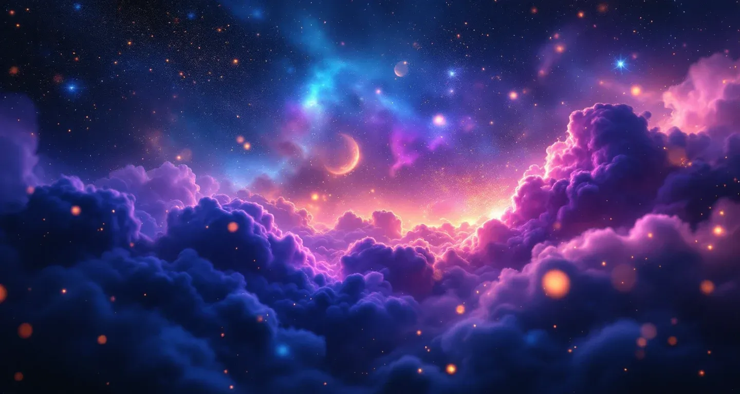 Cena onírica atmosférica com névoa roxo-magenta e estrelas douradas, representando o símbolo de Ver uma Mulher Encoberta Desconhecida no Sonho.