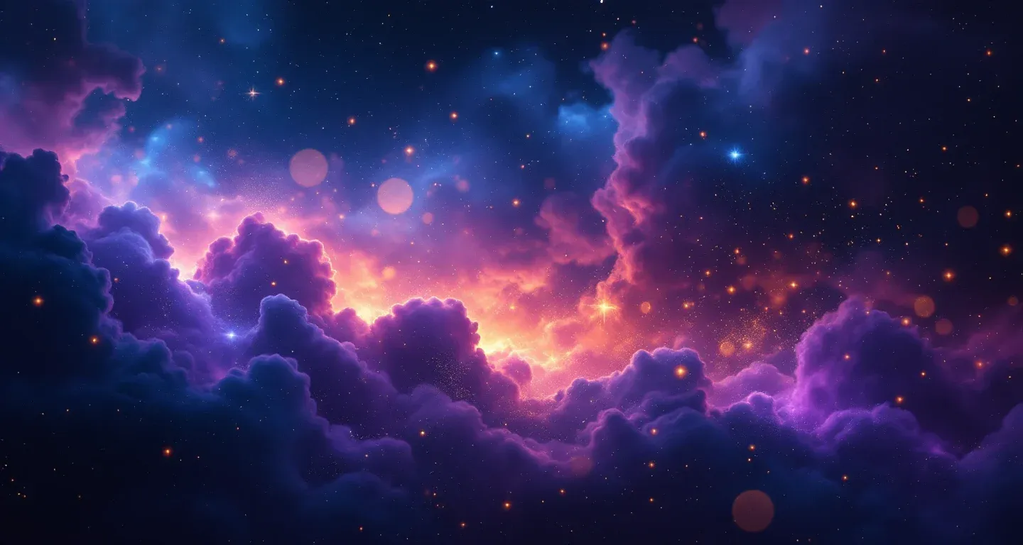 Cena onírica atmosférica com névoas roxo-magenta e estrelas douradas, representando o símbolo Sonhar com uma Casa de Pedra.