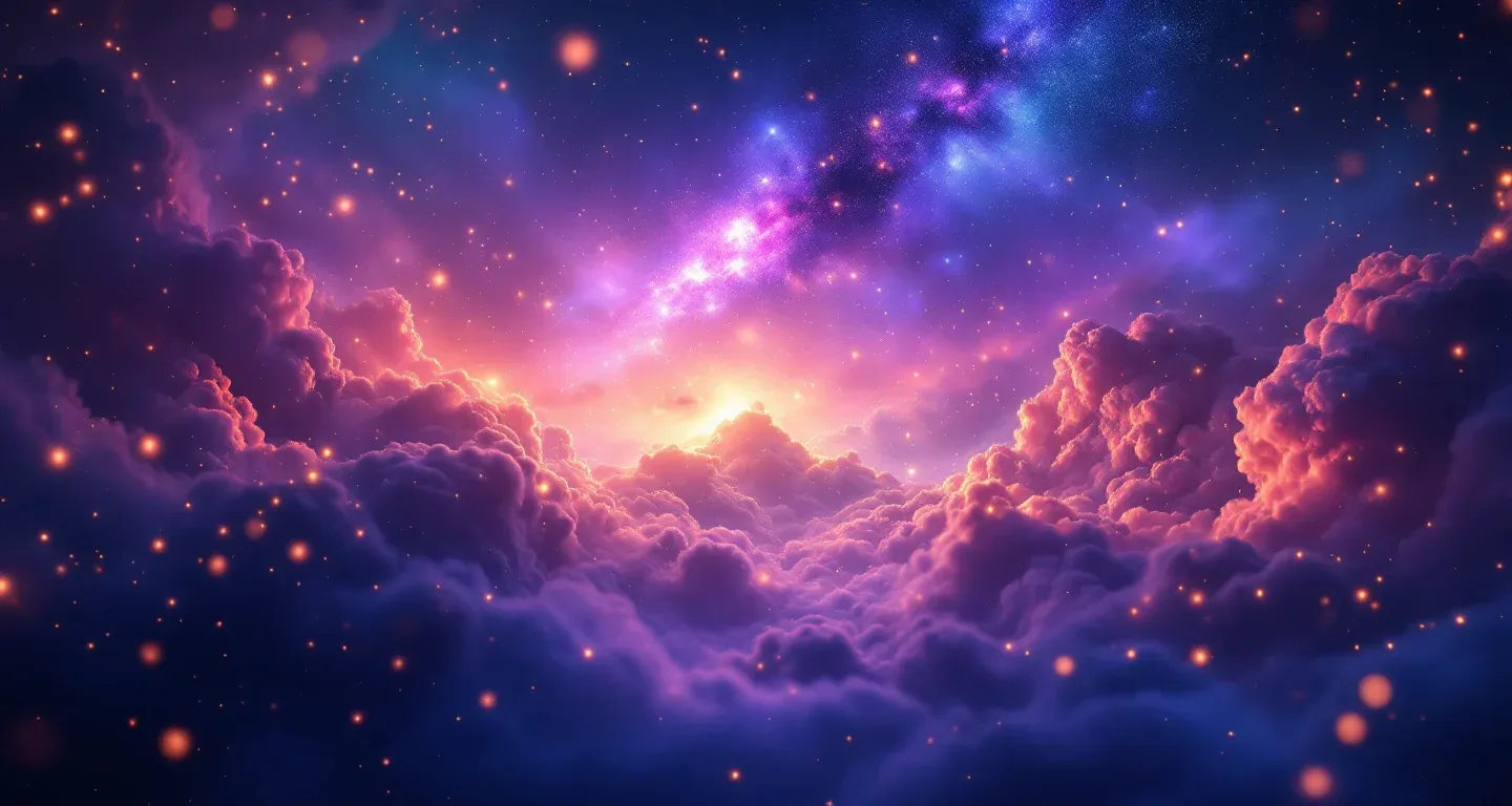Escena onírica atmosférica con neblina morada y magenta, y estrellas doradas, que representa el símbolo de soñar con una mudanza.