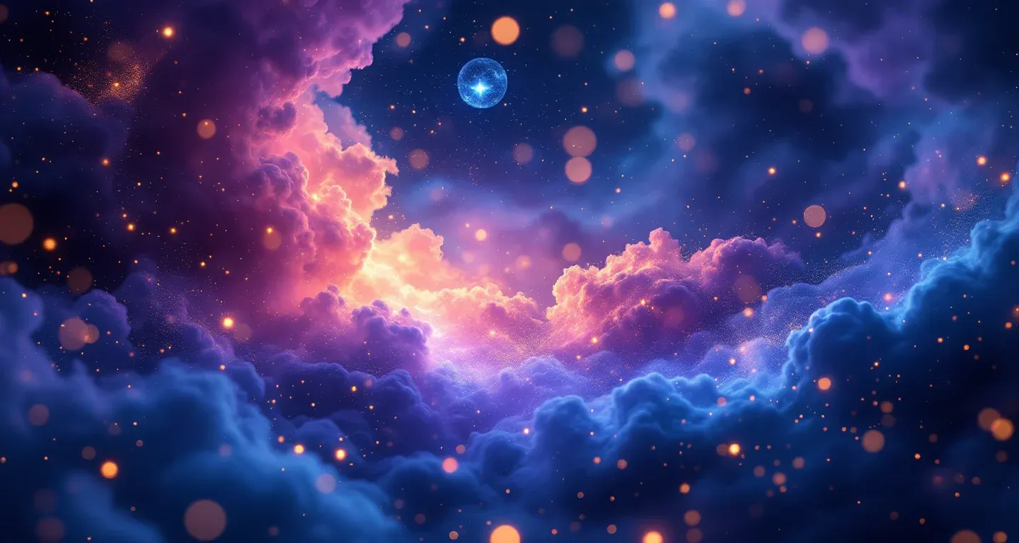 Escena onírica atmosférica de nubes morado-magenta y estrellas doradas, que representa el símbolo de ver repartir dulces en un sueño.